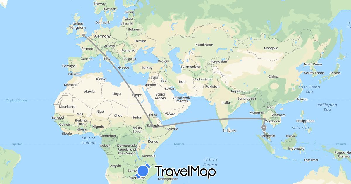 TravelMap itinerary: driving, plane, boat in Ethiopia, United Kingdom, Malaysia, Thailand (Africa, Asia, Europe)